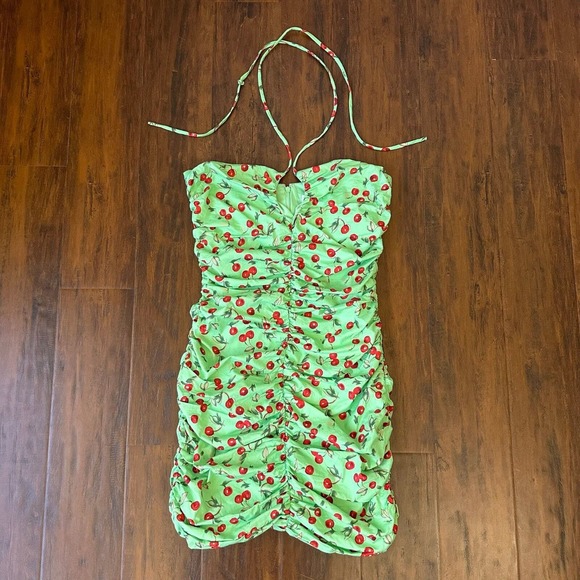 NWOT WAYF Noa Ruched Halter Mini Dress in Mint Cherry Julip - Picture 1 of 10